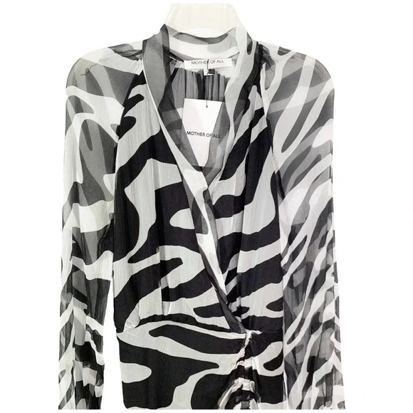 MOTHER OF ALL Vera Ruched Long Sleeve Silk Dress Black and White size 8/10 NWT - Picture 10 of 13